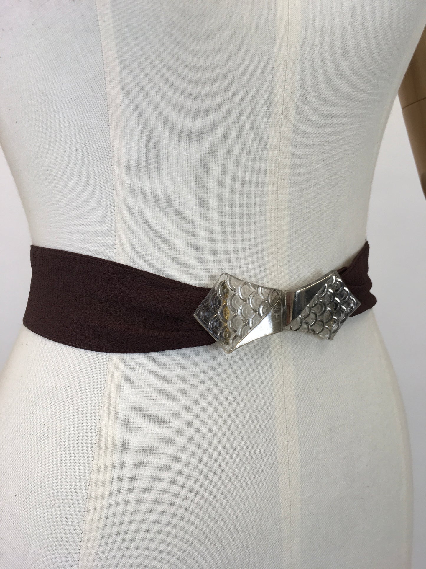 Original 1930’s Brown Crepe Belt - With Deco Glass Buckle Clasp