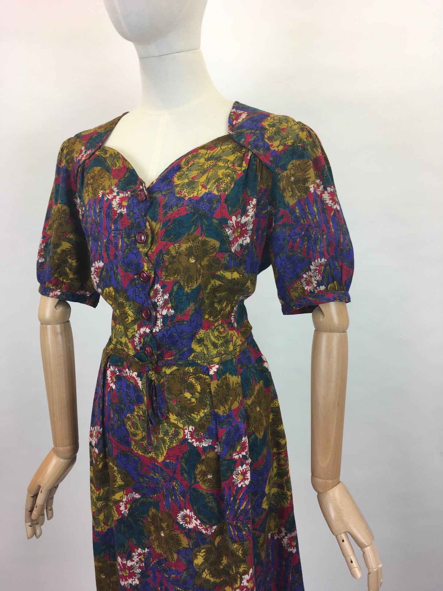 Original 1940s Beautiful Day Dress - In a Lovely Floral in Deep Reds,Mustards, Rich Purples and Stencilled Blacks