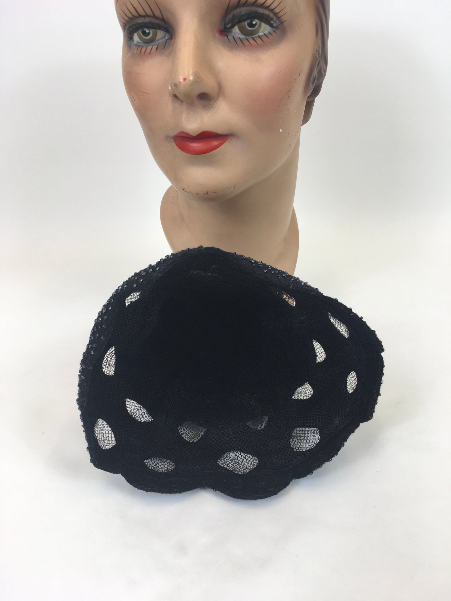 Original 1950's Fabulous Black Tilt hat - With Bugle Bead, Ric Rac and Netting Embellishment