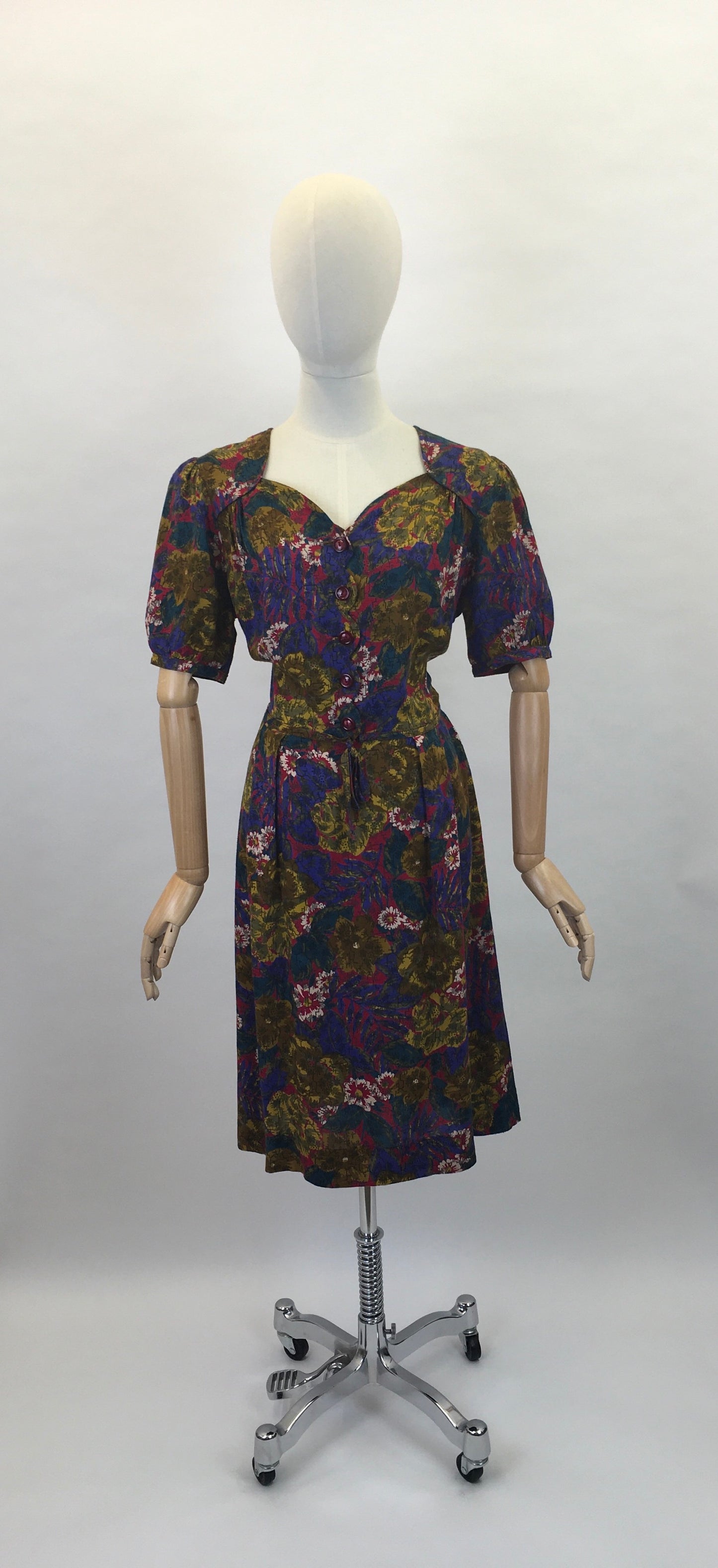 Original 1940s Beautiful Day Dress - In a Lovely Floral in Deep Reds,Mustards, Rich Purples and Stencilled Blacks