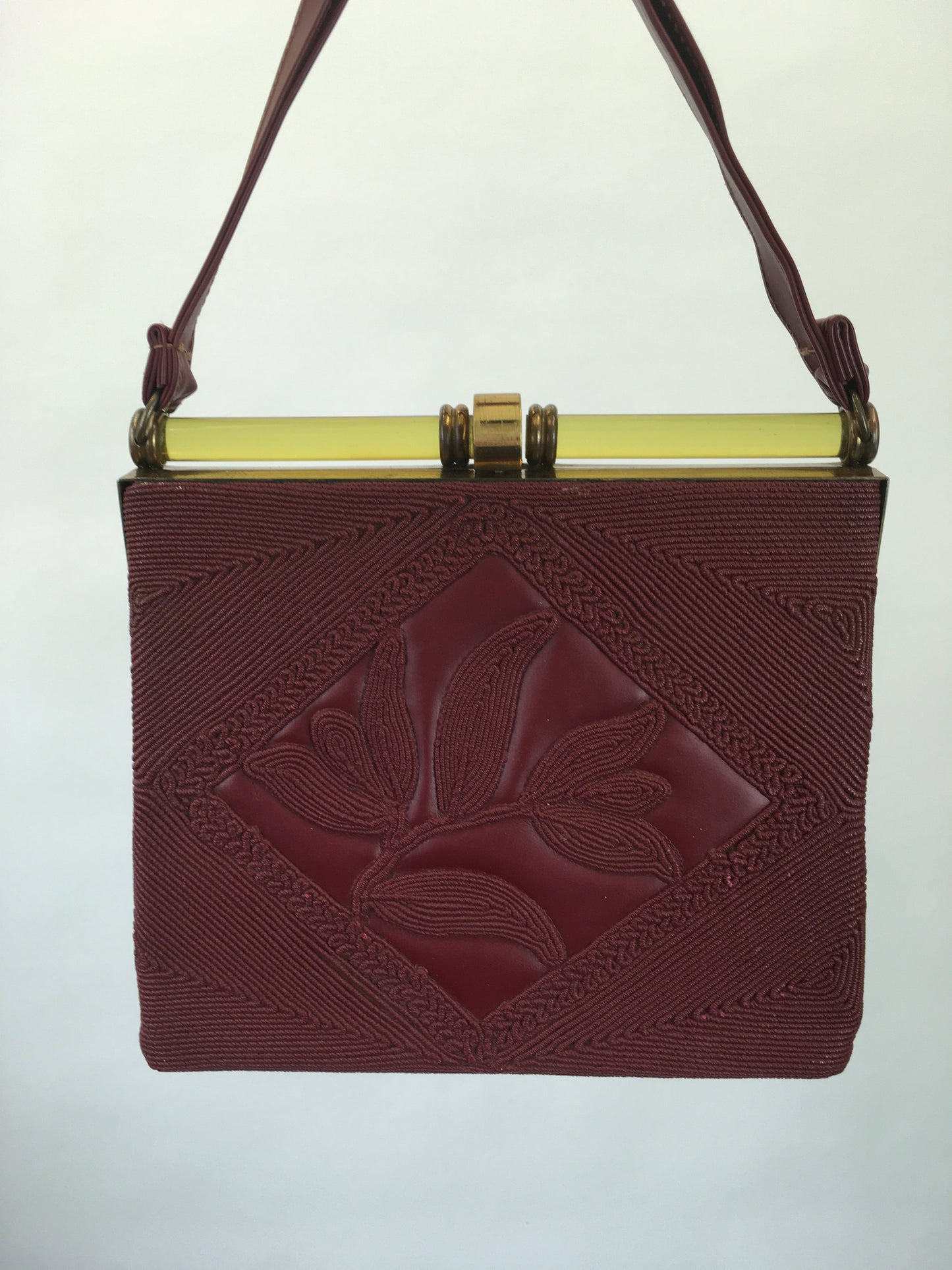 Original 1940's Sensational Vinyl Embossed Corde Handbag - In A Rich Burgundy