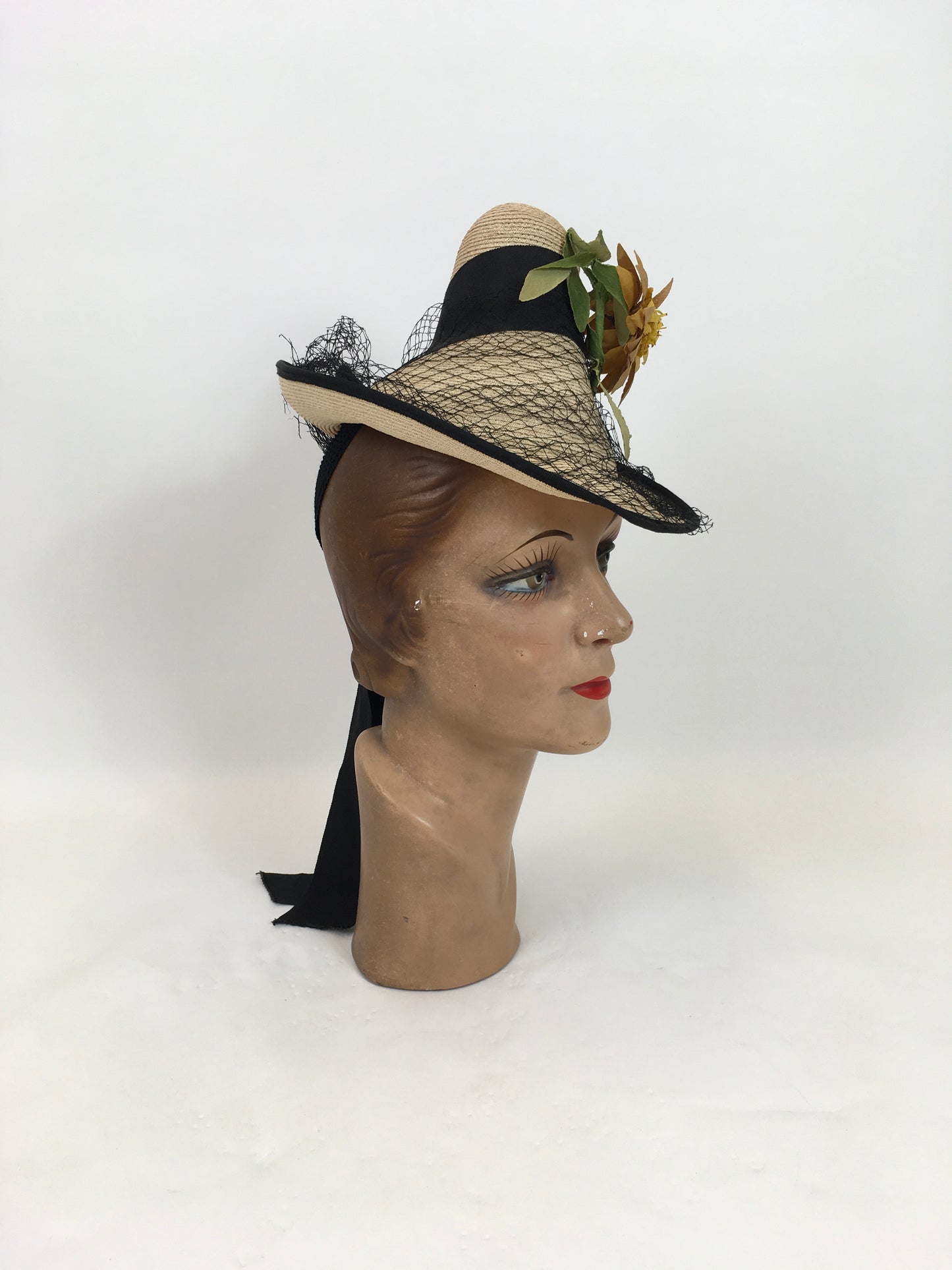 Original 1940's Sensational Natural Funnel Topper - With Floral Millinery, Veiling and Tails