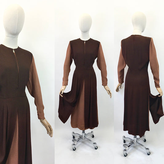 Original Sensational Late 1930's Early 1940's Dress - In Chocolate Brown and Warm Cinnamon Waffle Crepe