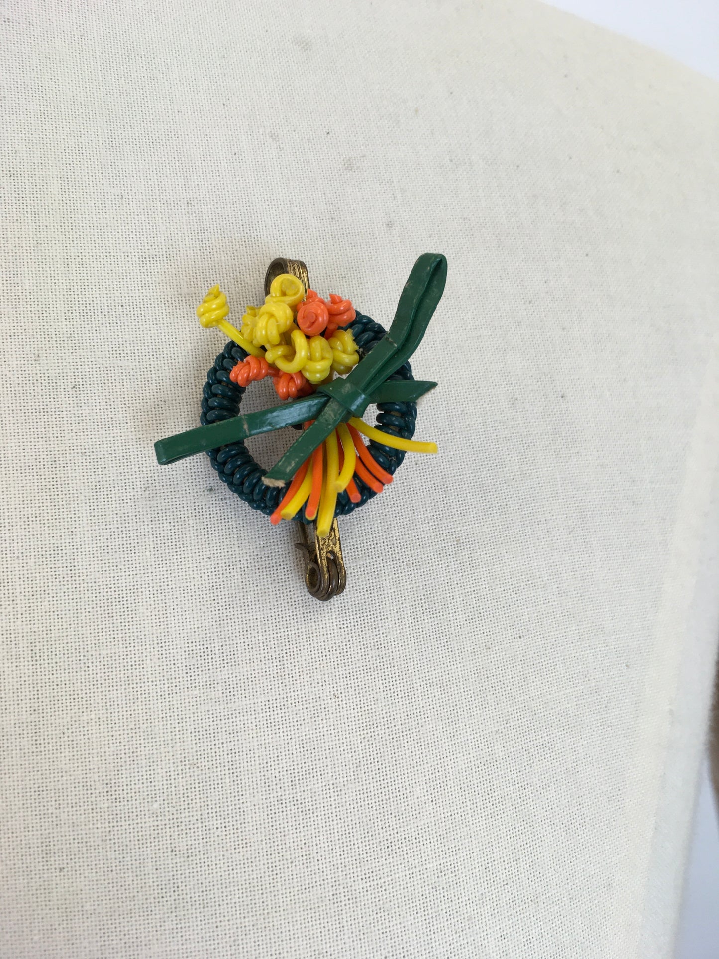 Original 1940s Make Do and Mend Telephone Wire Brooch - In Bright Yellow, Orange and Green