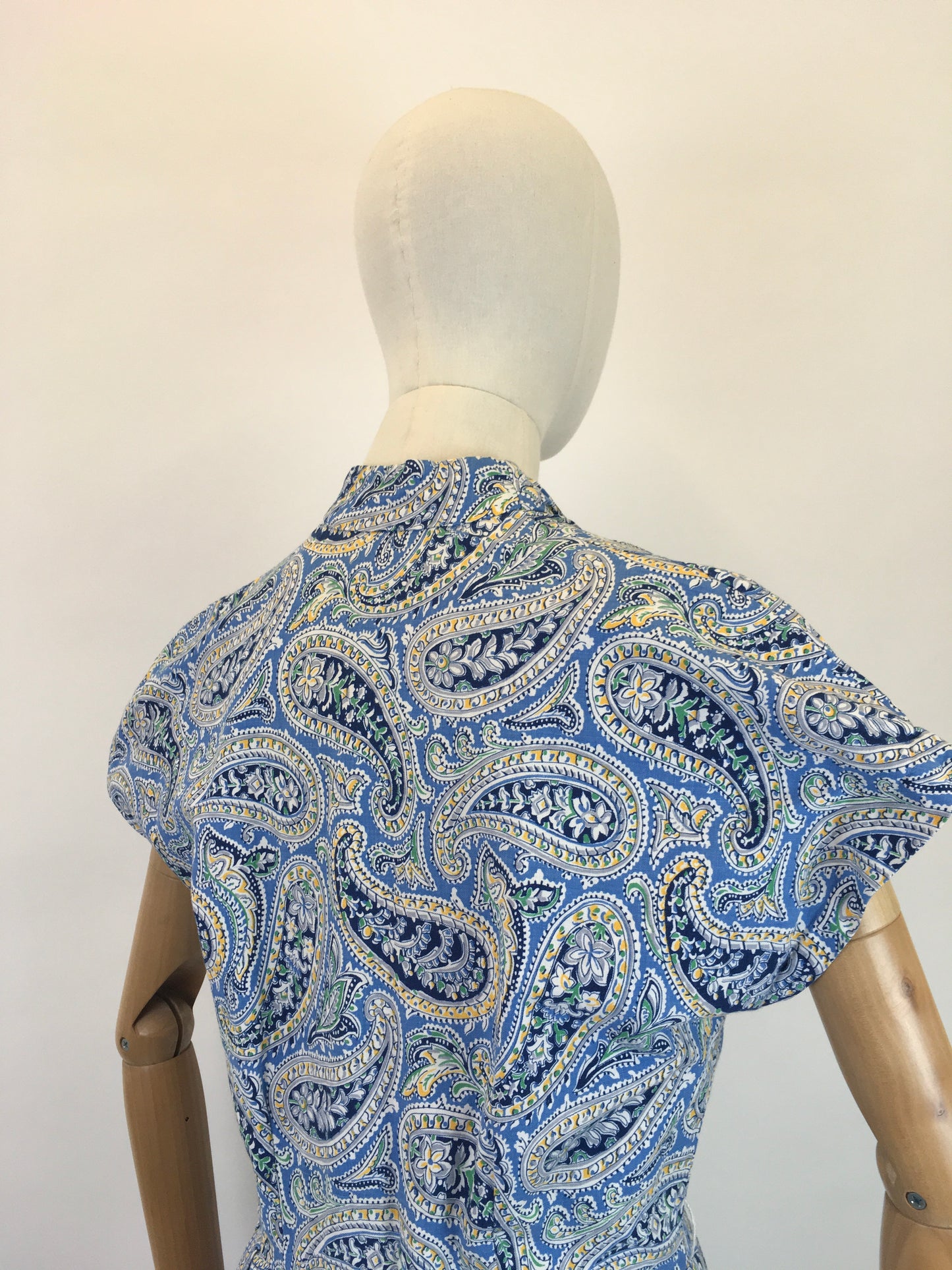 Original Late 1940’s Early 1950’s Cotton Day Dress - In A Paisley Print in Powder Blue, Navy, Yellow and Bottle Green