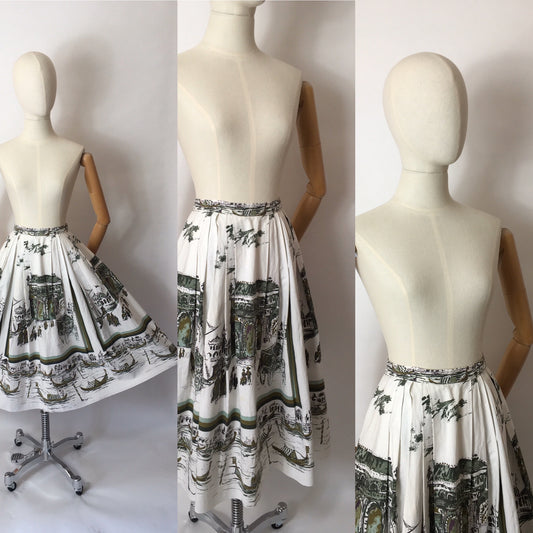 Original 1950’s Novelty Scenic Print Skirt - Featuring Victorian Scenes, Horses & Carriages, Gondolas on the River