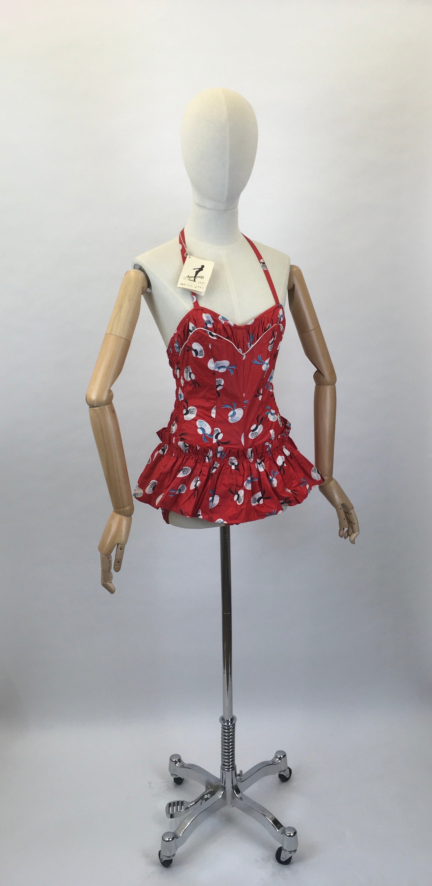Original 1950s early 1960’s Deadstock ‘ Aquapoise’ Novelty Swimsuit - In a Fabulous Hat Print on Lipstick Red Cotton