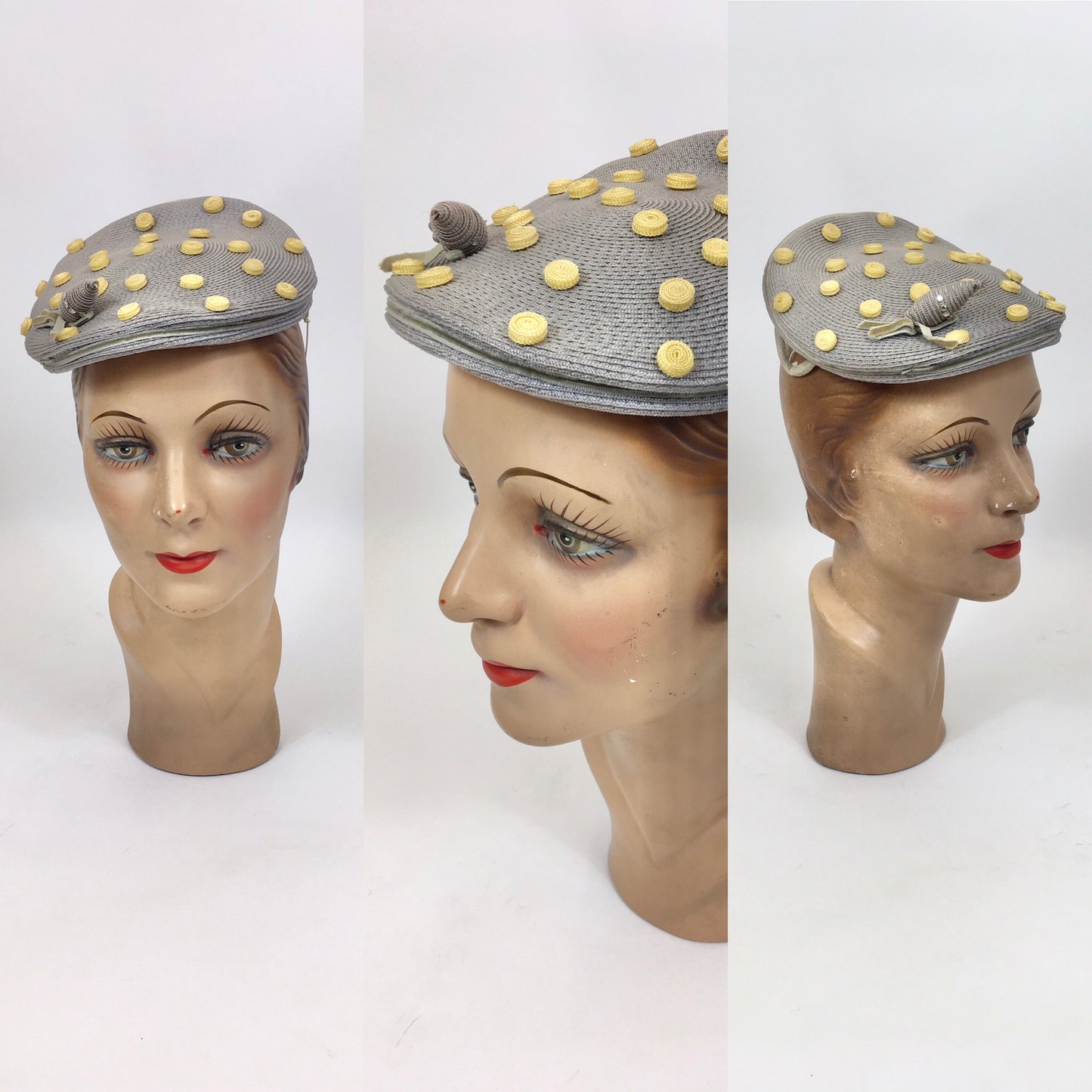 Original Late 1940's Stunning Headpiece - In Powder Grey & Primrose Yellow Polka Dots