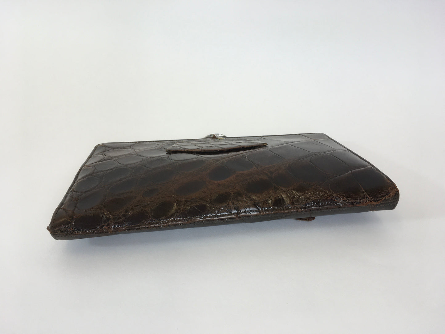 Original 1930’s Deco Crocodile Clutch Handbag - In A Warm Brown with Chrome Detailing
