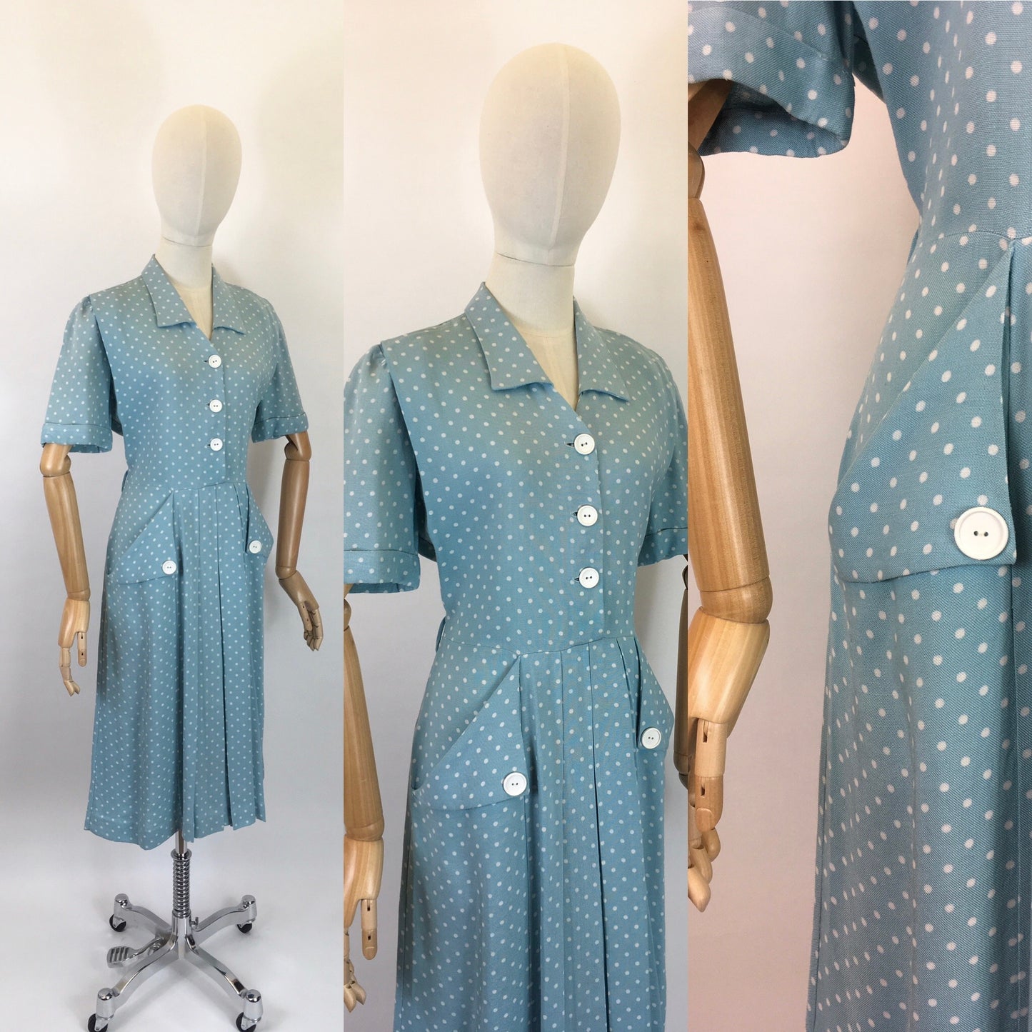 Original 1940’s STUNNING Day Dress - In A Soft Duck Egg Polka Dot Moygoshal Linen
