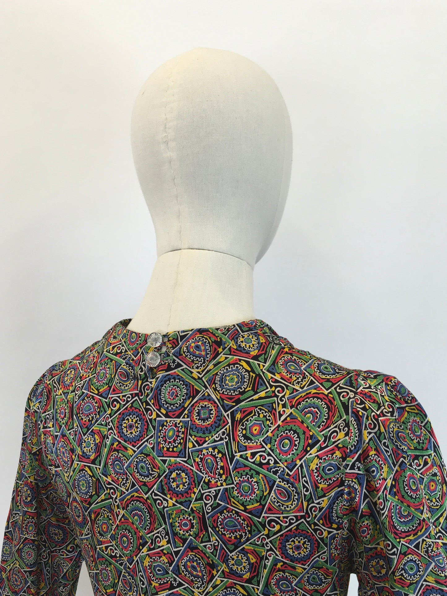 Original 1930's Sensational Rayon Blouse with Exquisite Detailing - In Vivid Reds, Blues, Yellows, Greens, Black & White