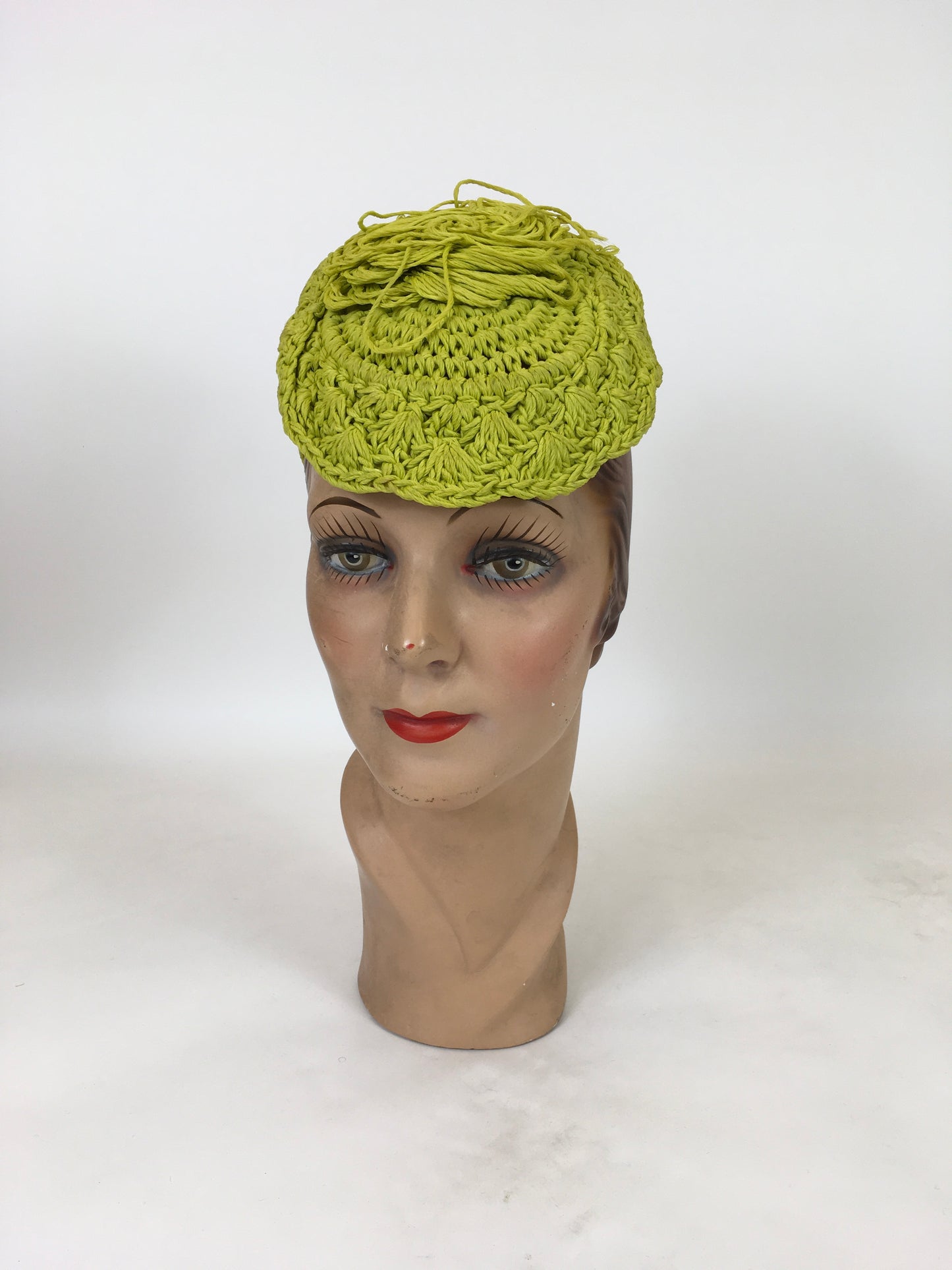 Original 1940's Fabulous Popcorn Crochet Headpiece - In A Sublime Chartreuse