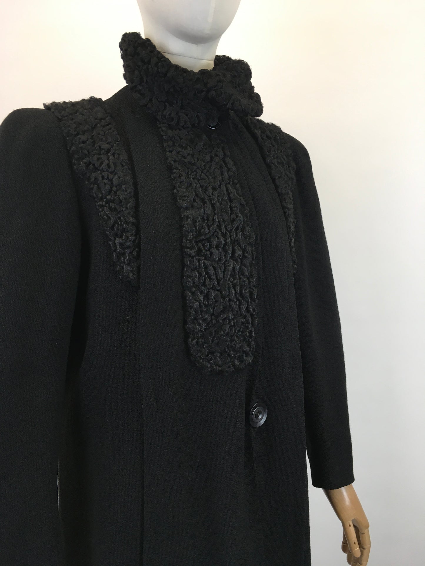 Original 1930's Sensational Black Coat - With Stunning Astrakhan Collar & Yokes