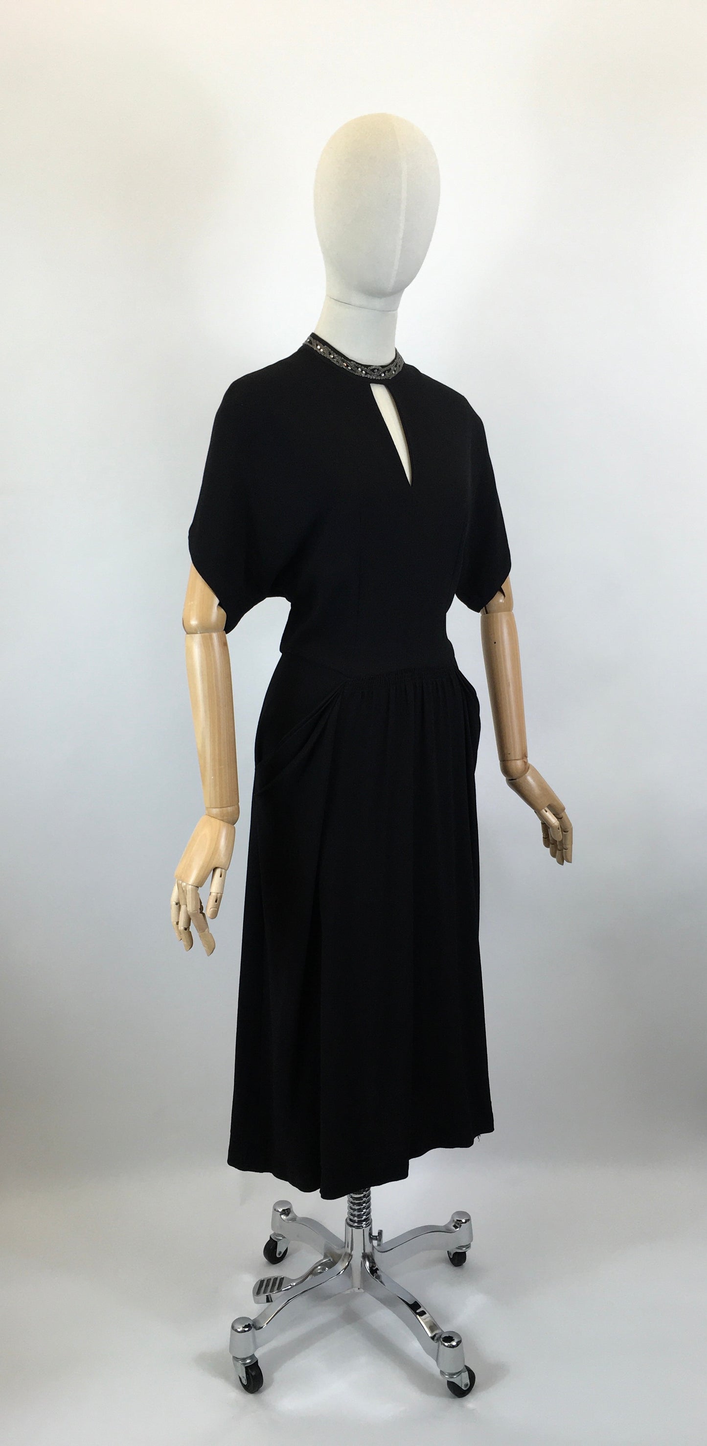 Original 1940’s CC41 Utility Black Crepe Dress - With Keyhole Neckline and Beadwork