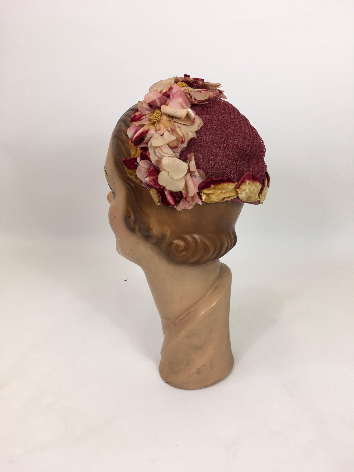 Original 1950’s Darling Floral Headpiece - In Pinks, Berries and Cranberries