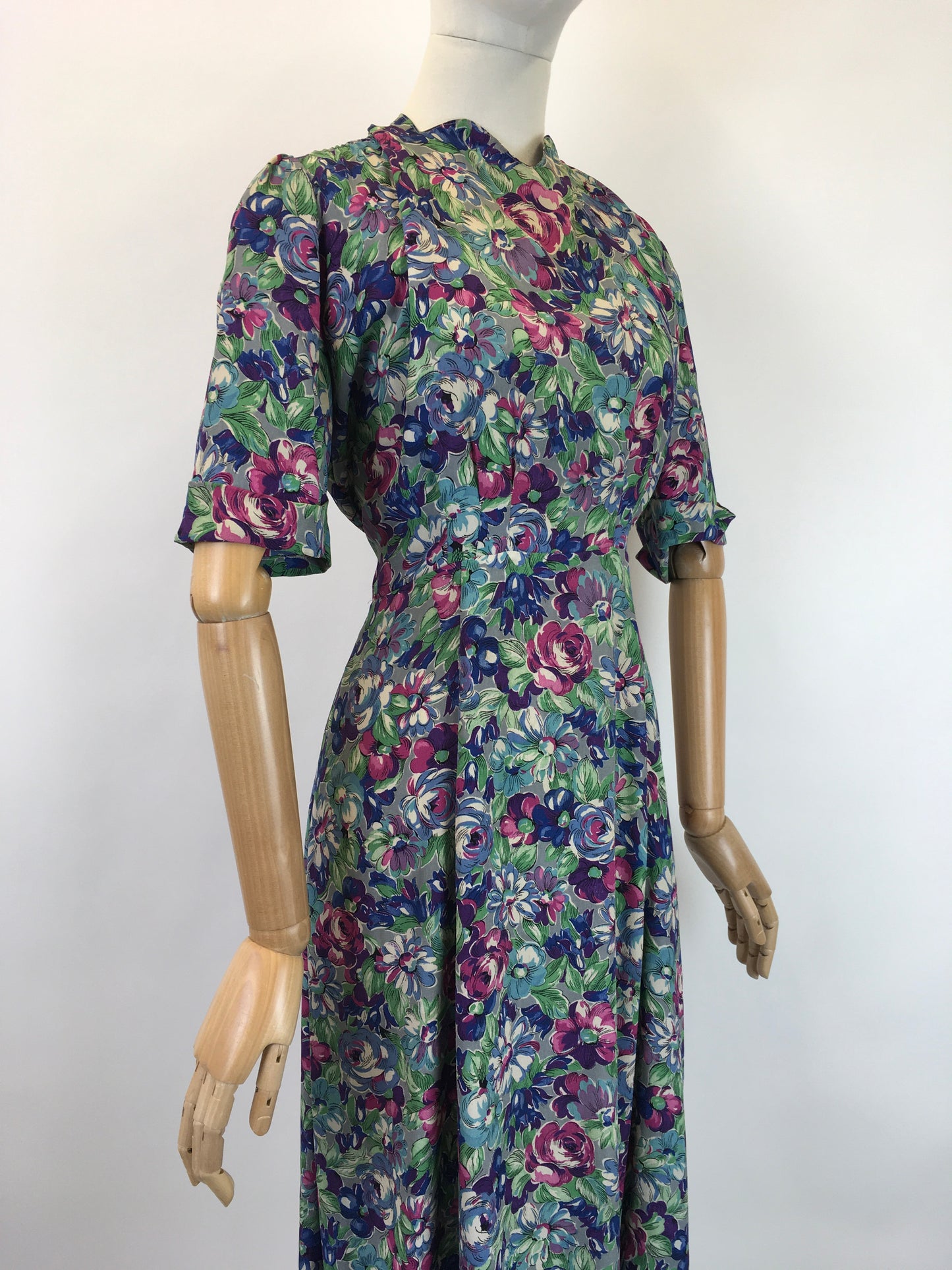 Original 1940's Sensational Floral Crepe Dress  - With Exquisite Neckline Shaping
