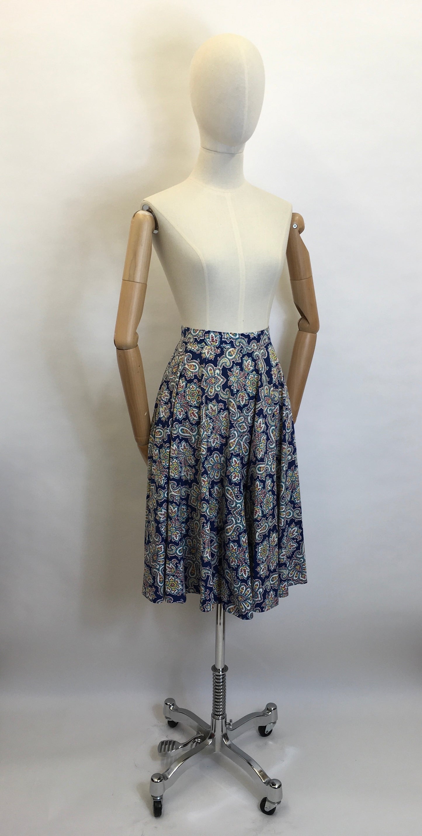 Original 1950's ' St. Michael' Cotton Skirt - Made From A Beautiful Paisley Floral in Blue