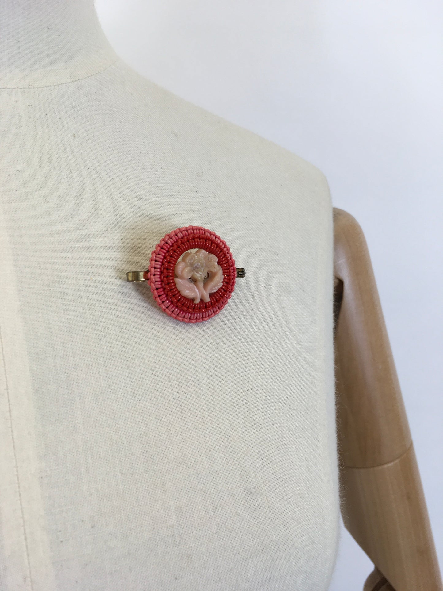 Original 1940’s Make Do And Mend Telephone Cord Brooch - In Powdered Pink and Lipstick Coral