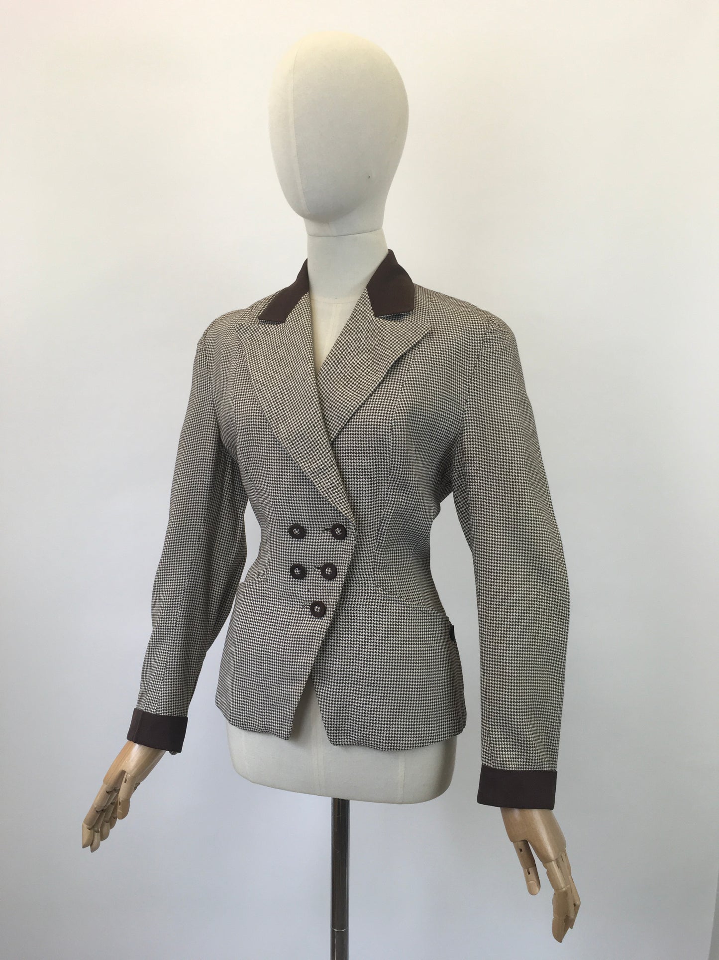 Original 1940's Stunning Asymmetric Jacket - In A Coffee And Cream Houndstooth
