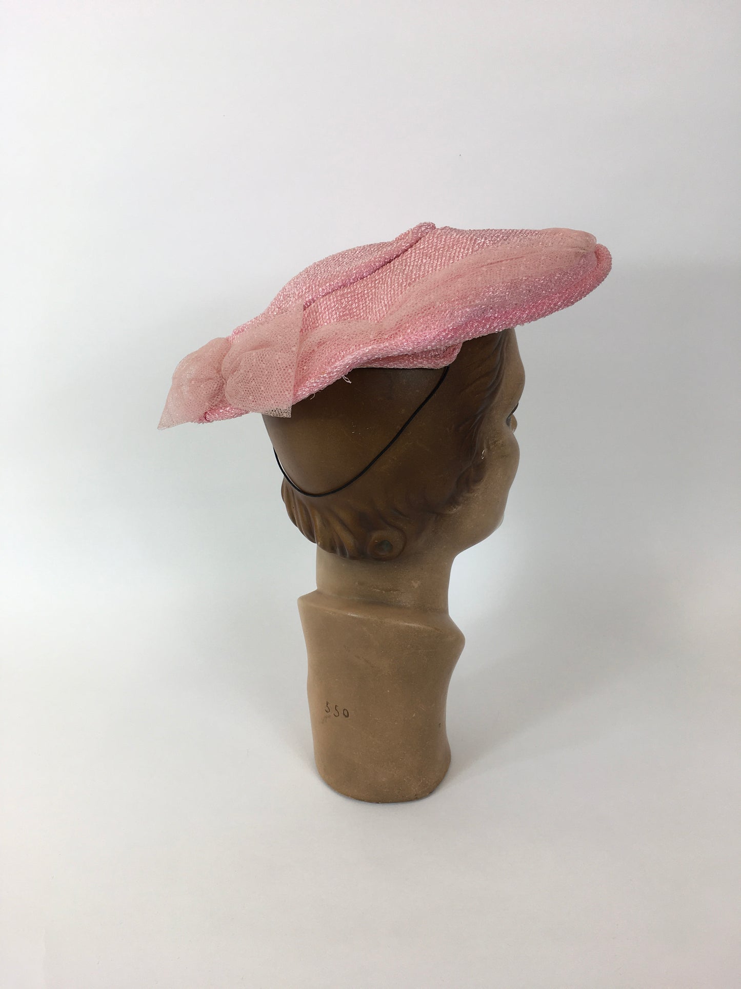 Original 1950’s Darling Powder Pink Platter Hat - With Attached Polka Dot Veiling and Bow