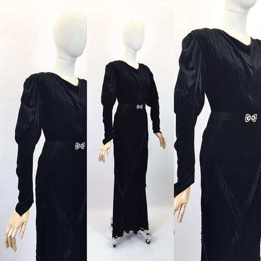 Original 1930's Divine Silk Velvet Evening Gown - With Exquisite Pleated Details and Art Deco Buckle