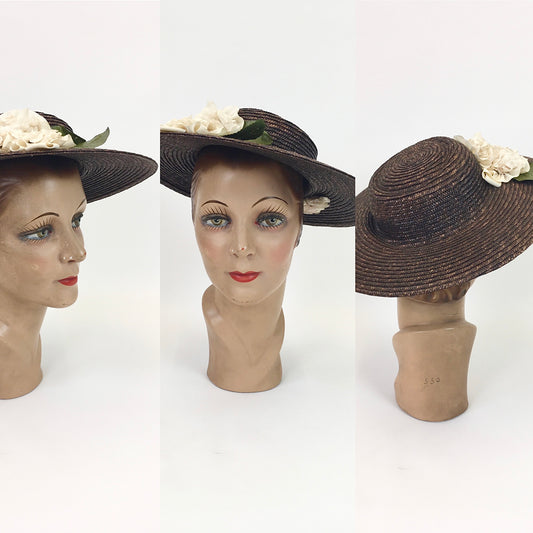 Original Late 1930's Early 1940's Fabulous Brown Straw Hat - With Delicate Cream Floral Millinery