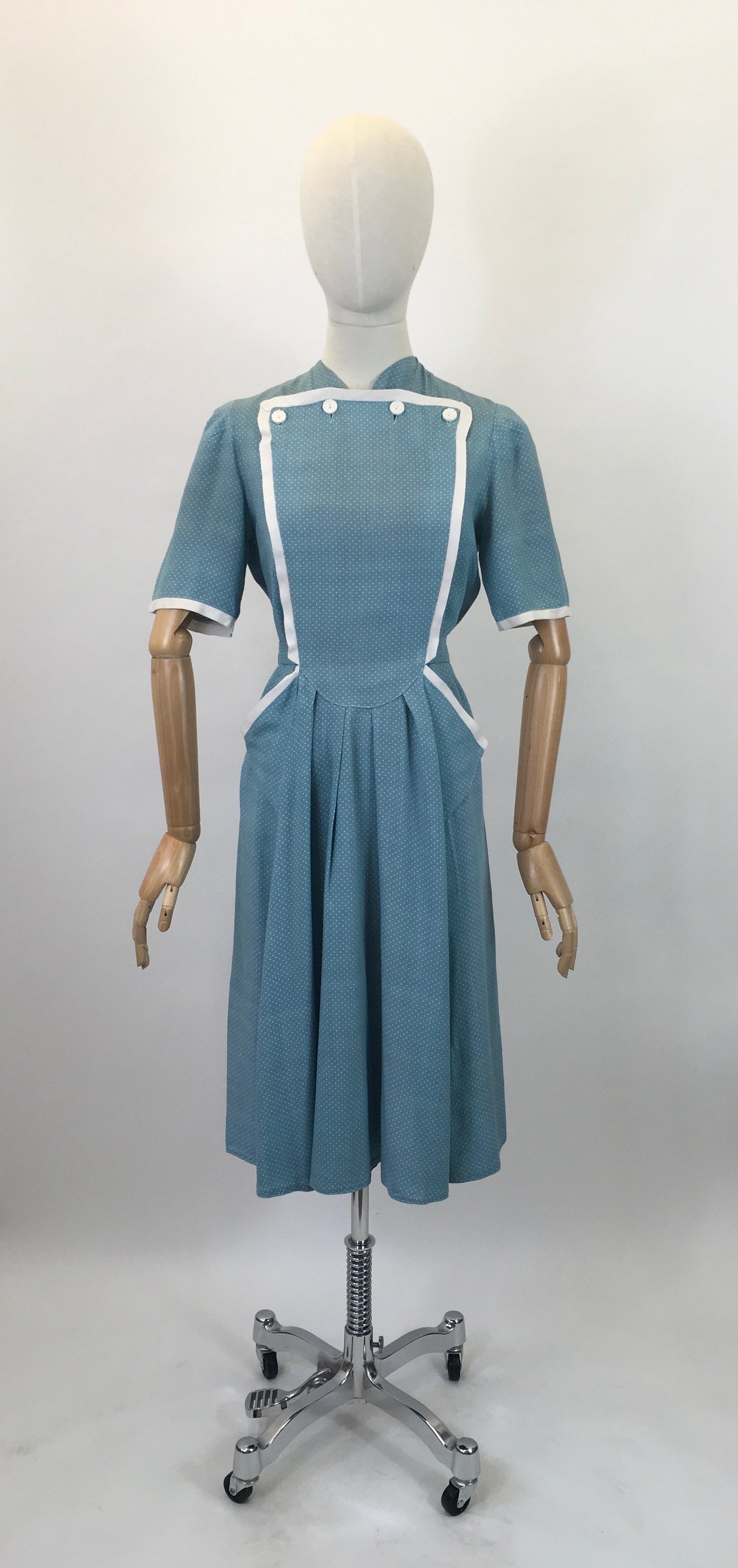 Original 1940's Stunning CC41 Utility Day Dress - In A Darling Duck Egg Blue Polka Dot