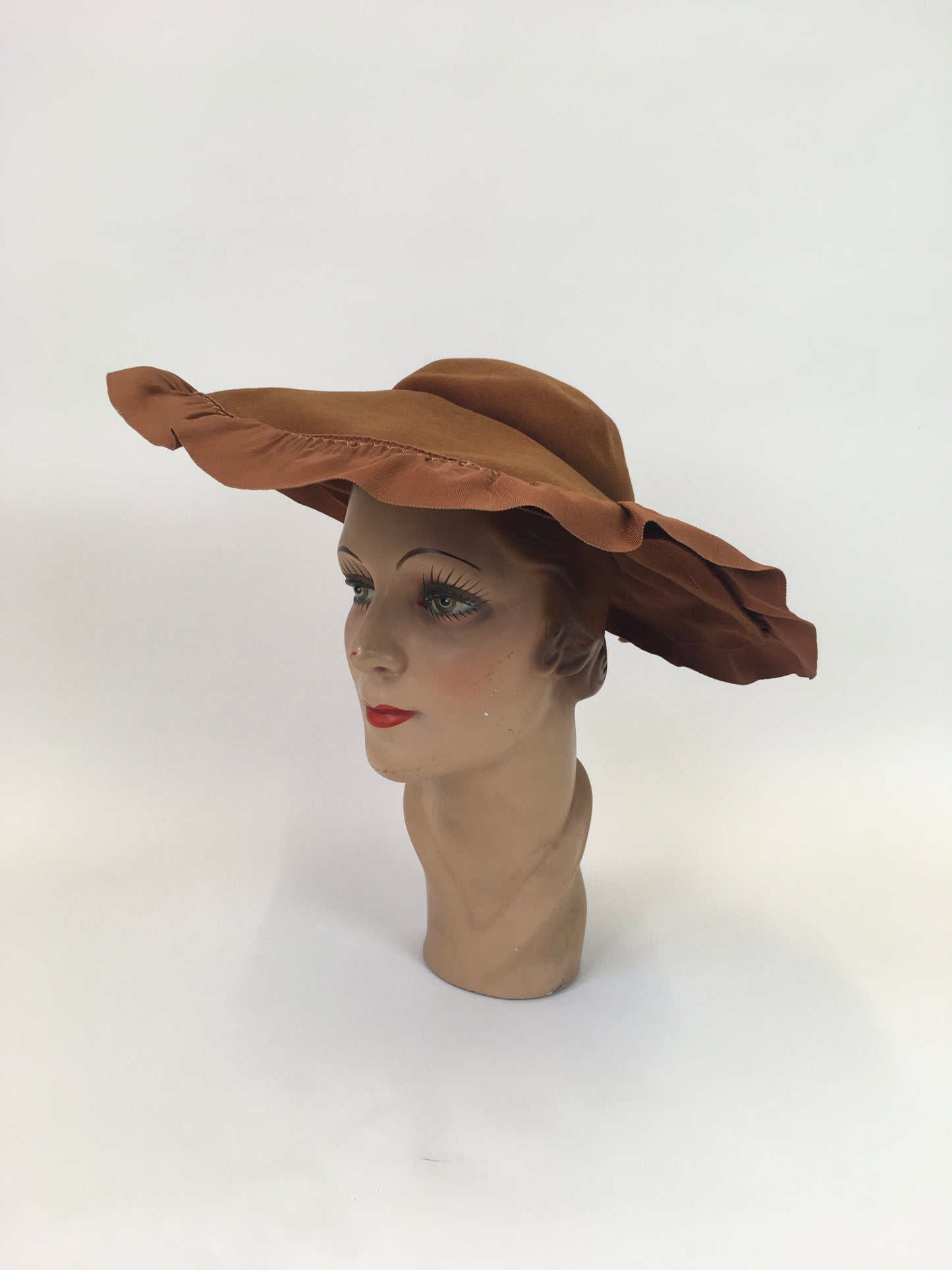 Original 1940's Sensational Brimmed Hat - In Warm Cinnamon With a Ruffled Trim