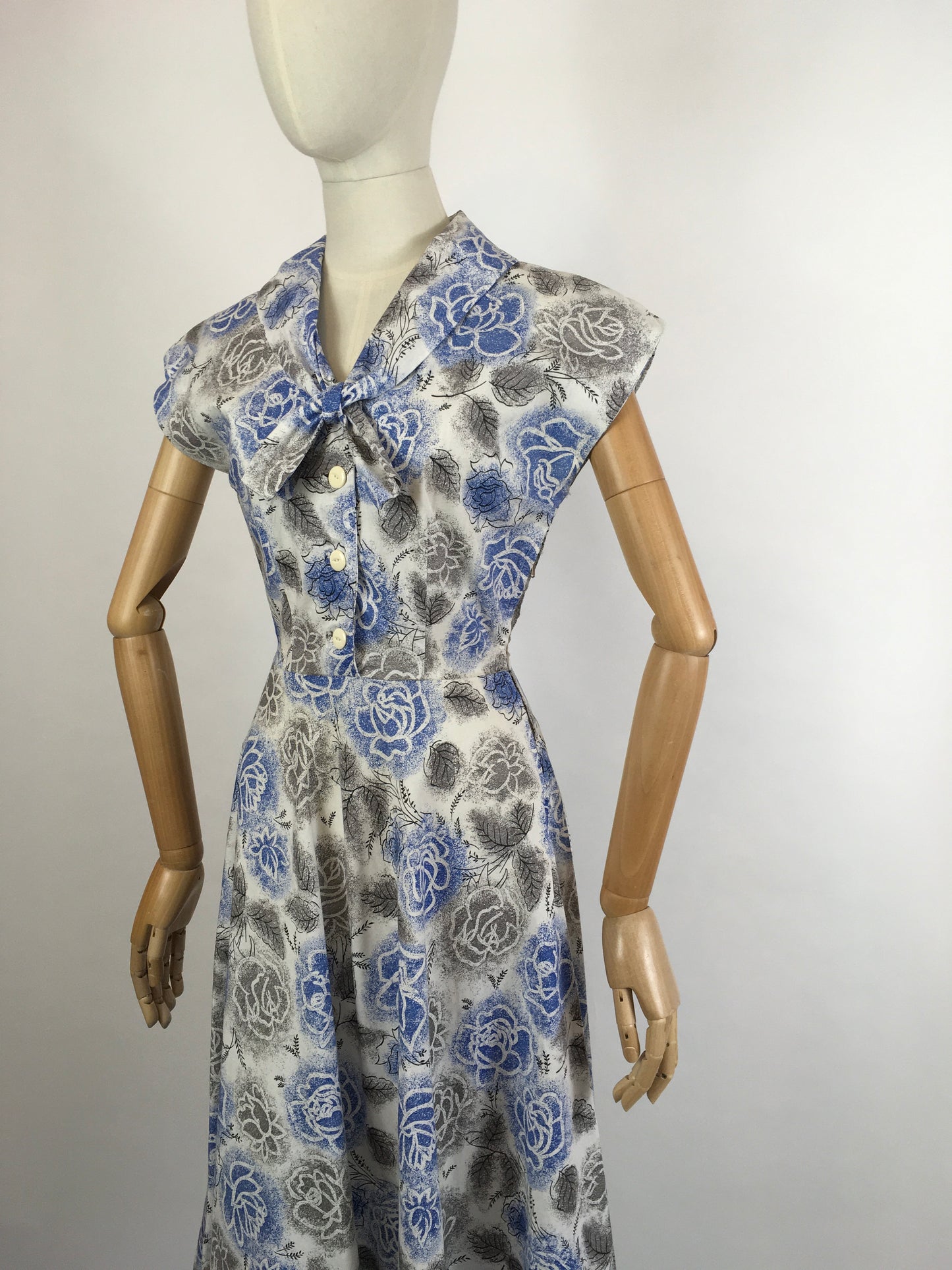 Original late 1940s Floral Dress - In A Crisp Cotton in Soft Greys, Charcoals and Blues