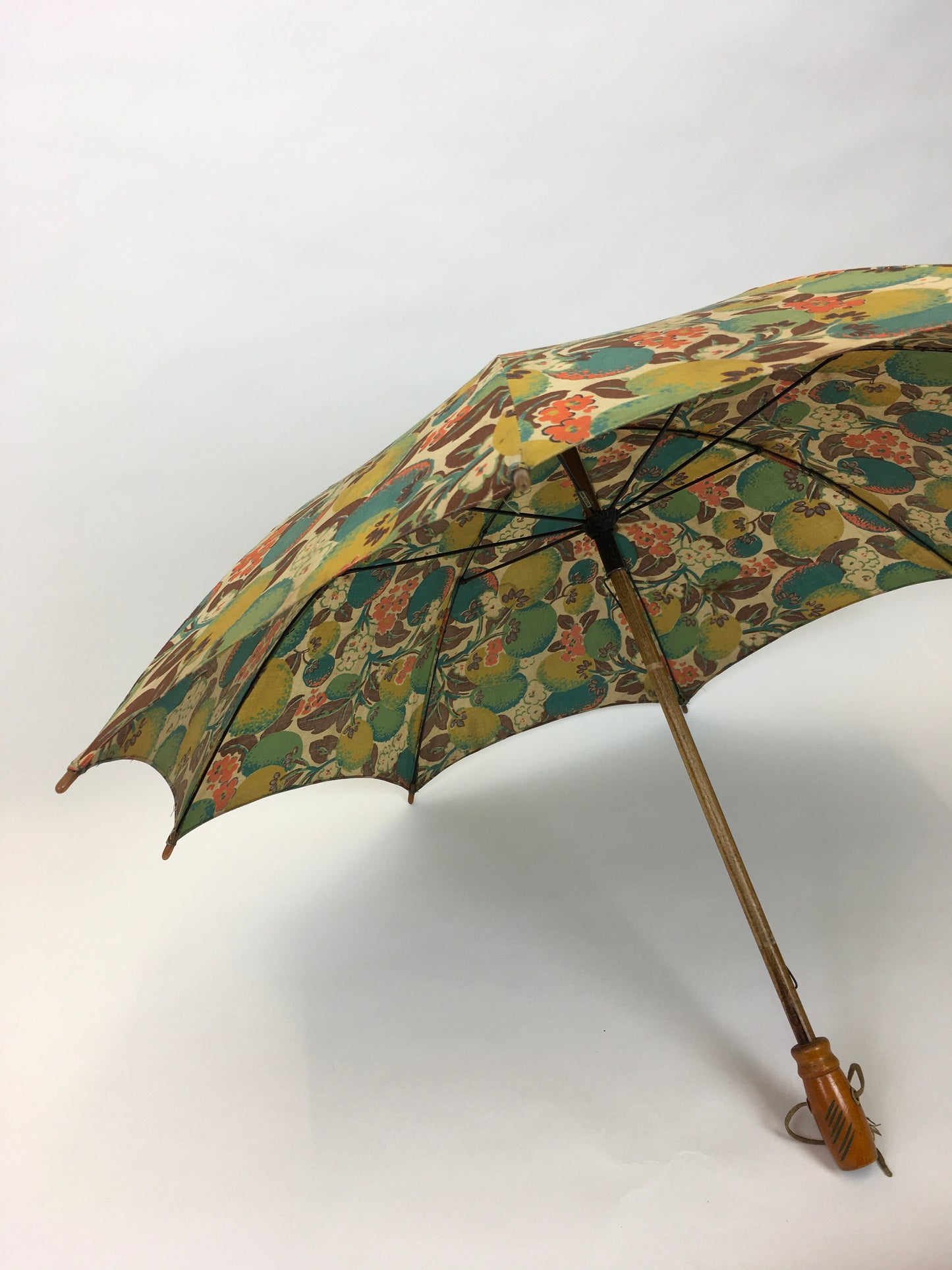 Original 1930s Sun Parasol in a Stunning Floral and Fruit Cotton - In Deco Oranges, Greens, Chartreuse and Teal