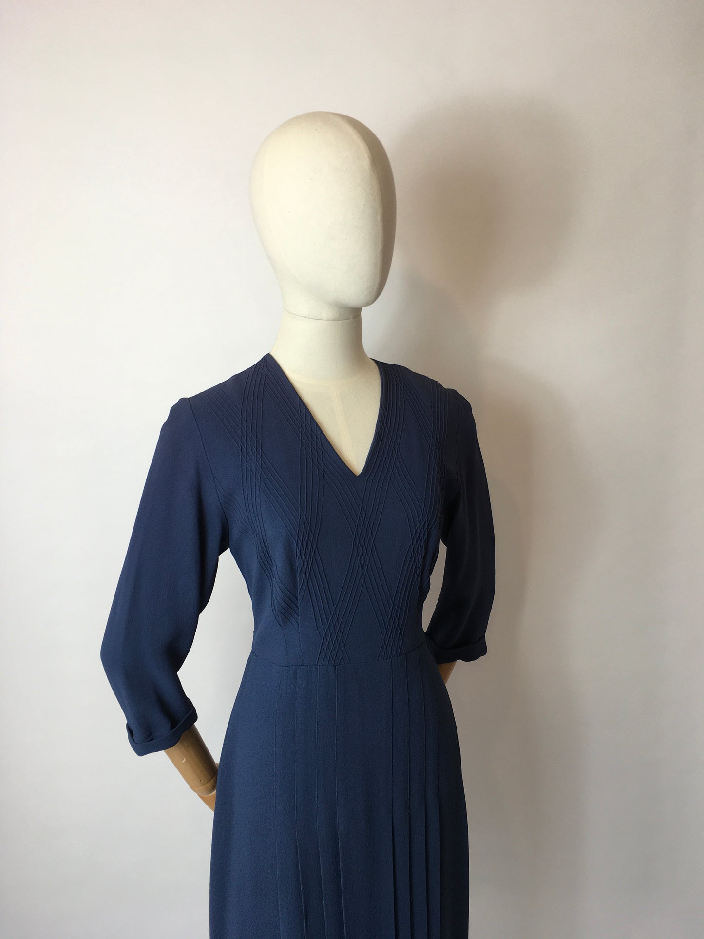 Original 1940’s Airforce Blue Crepe Day Dress - Lovely Criss Cross Detailing to the Bodice