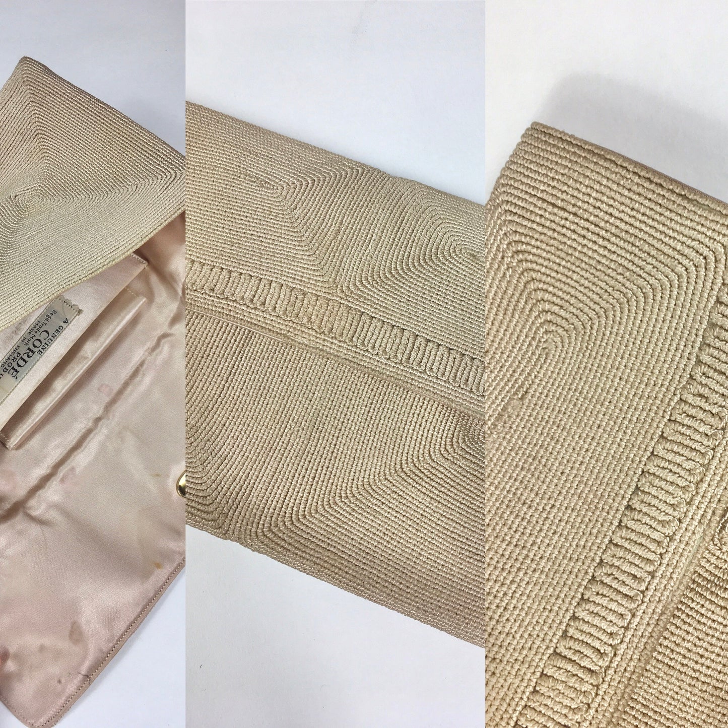 Original 1940’s Beautiful Corde Clutch Bag In Soft Beige - With Internal Purse & Mirror