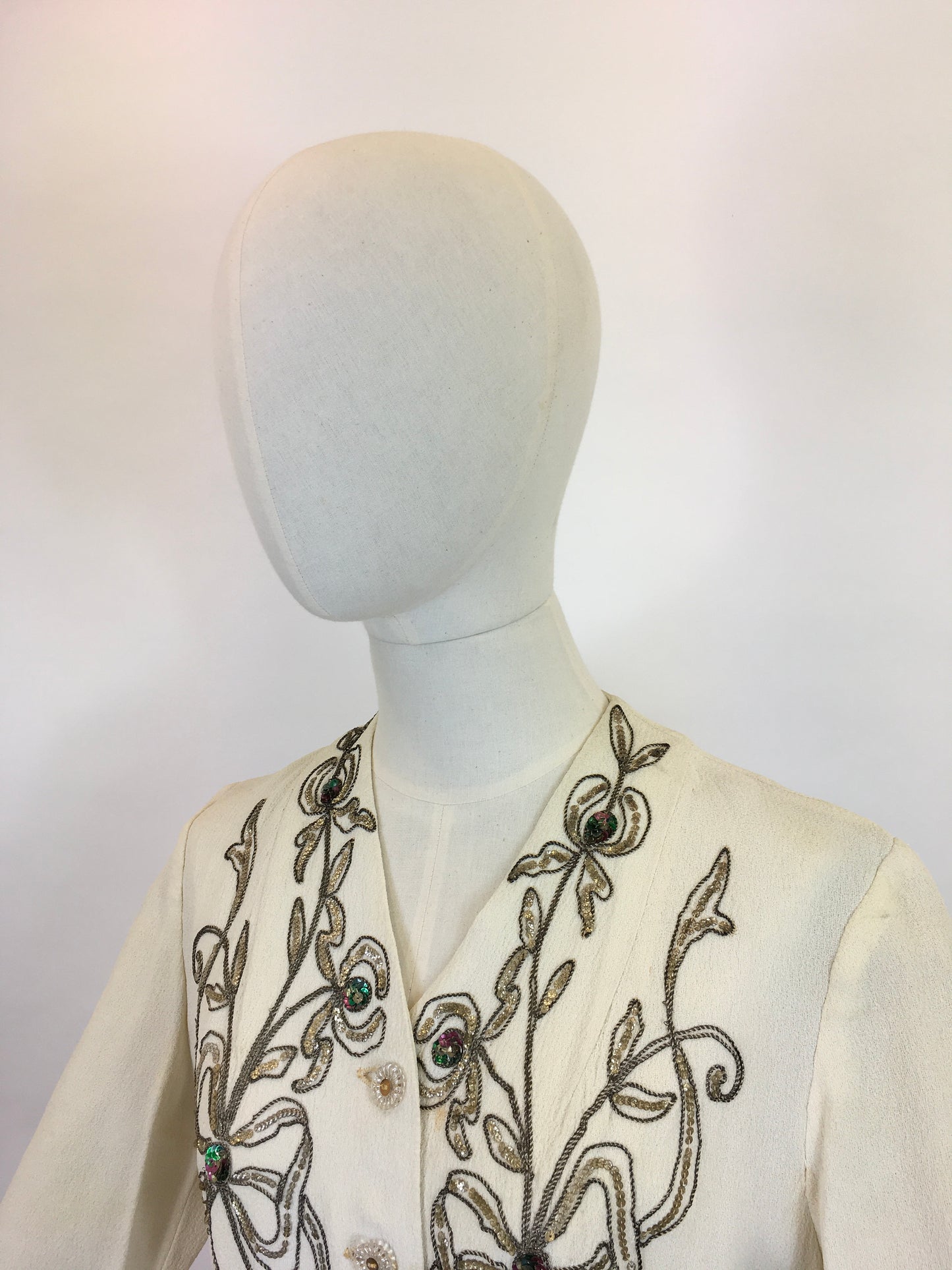 Original 1940s STUNNING Ivory Crepe Blouse - With Beaded And Sequinned Embellishment