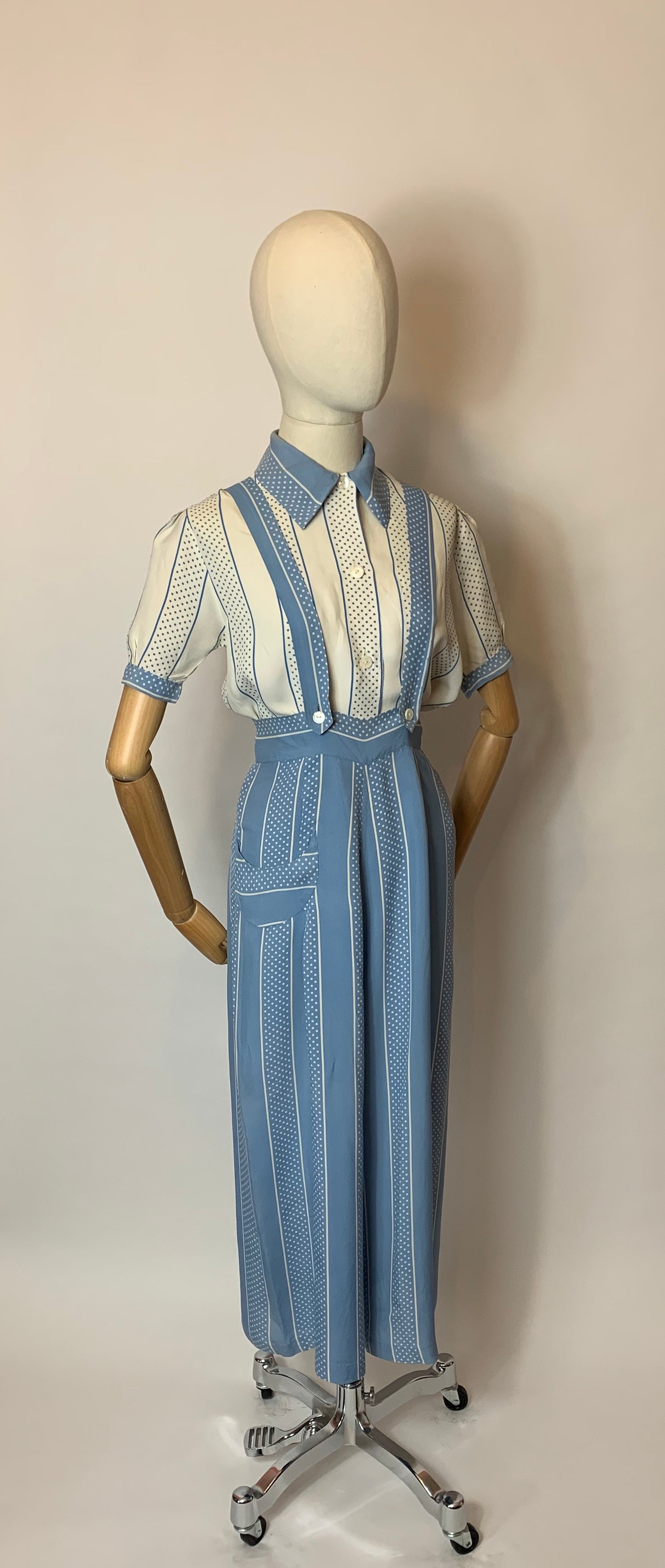 Original 1940’s 2 pc Blouse & Dungaree Set - In the Most Summery Of Colour Pallets with Polka Dots