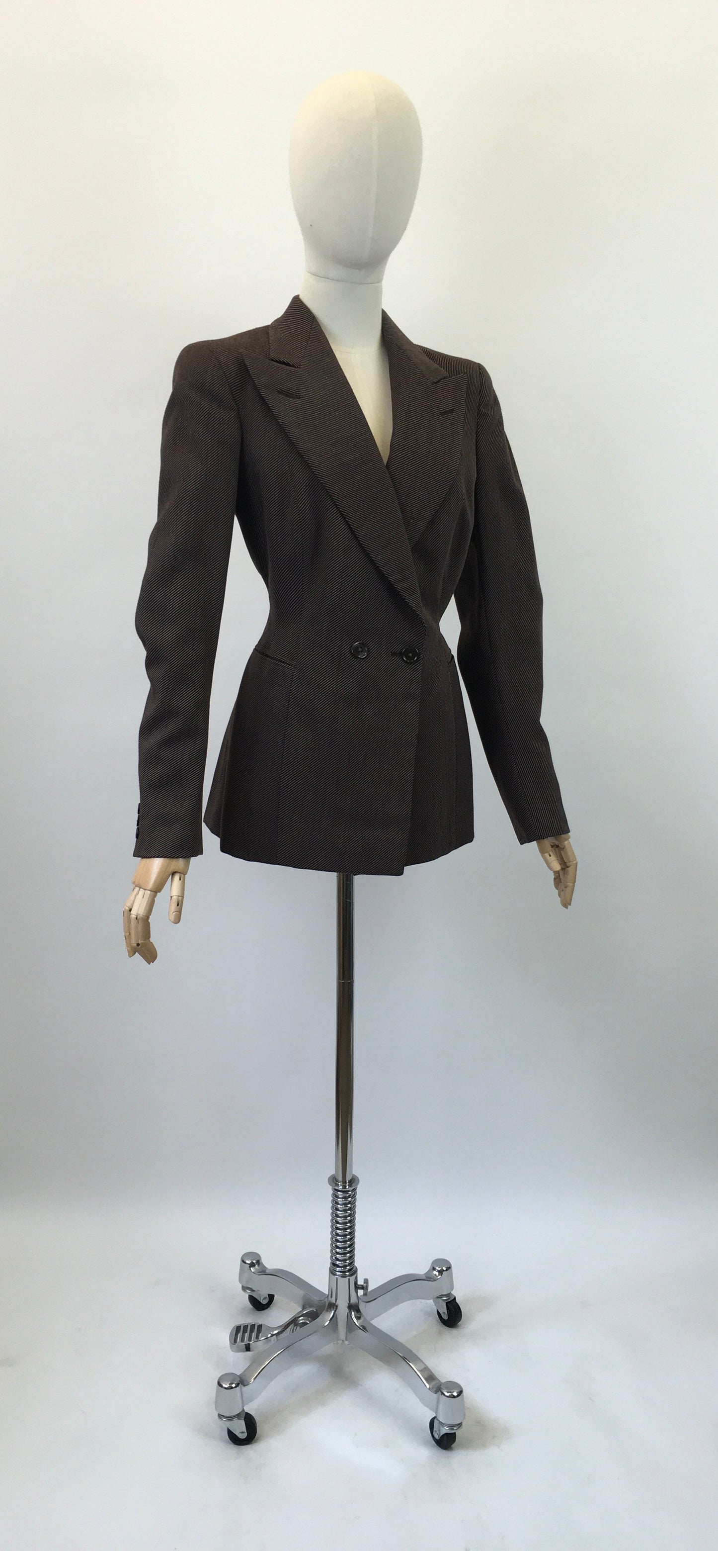 Original 1940's Stunning Longline Jacket in A Chocolate Brown Pinstripe - With Exquisite Details