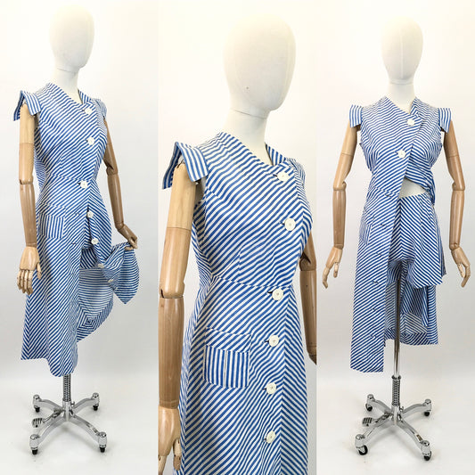 Original 1930's Sensational Dress & Shorts Set - In A Classic Blue & White Stripe