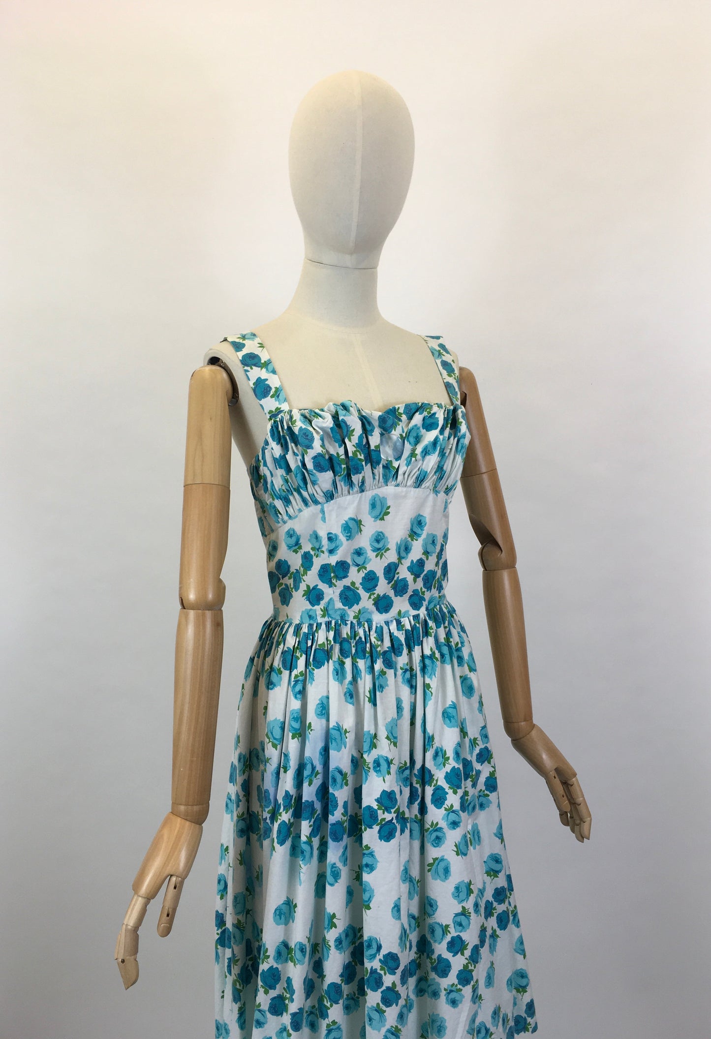 Original 1950’s Gorgeous Sun Dress - In A Beautiful Blue Rose Print Cotton