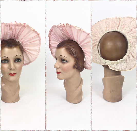 Original 1940's Open Crown Halo Hat - In Soft Rosebud Pink with Lace Overlay