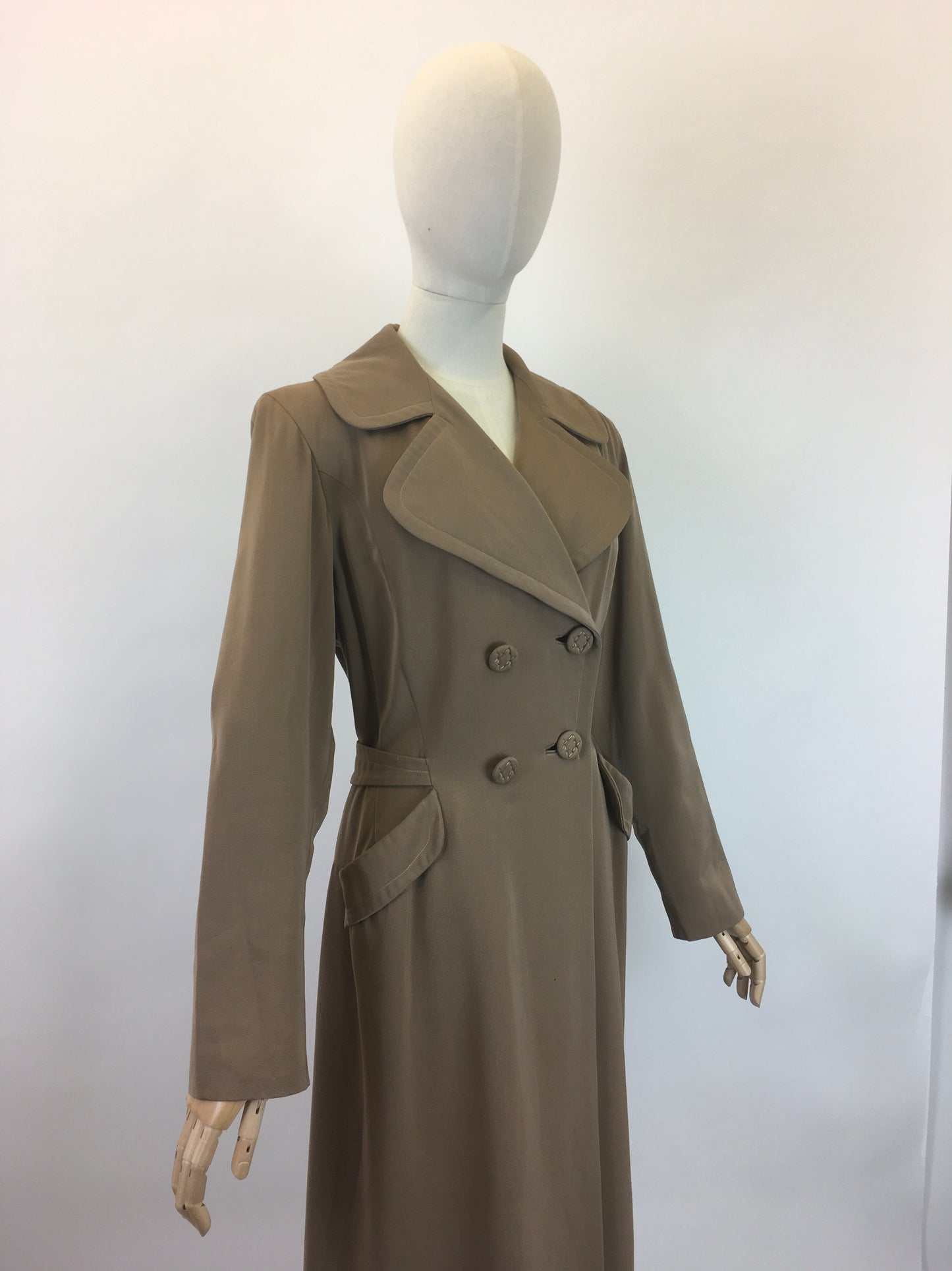 Original 1940's American Warm Taupe Gabardine Coat - With Stunning Pleated Back Detailing
