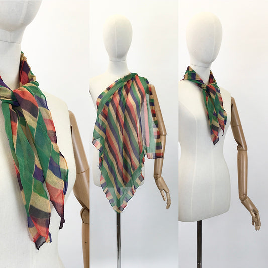 Original 1930's Exquisite Rainbow Chiffon Scarf - In Autumnal Brights of Burnt Orange, Green, Yellow and Blue