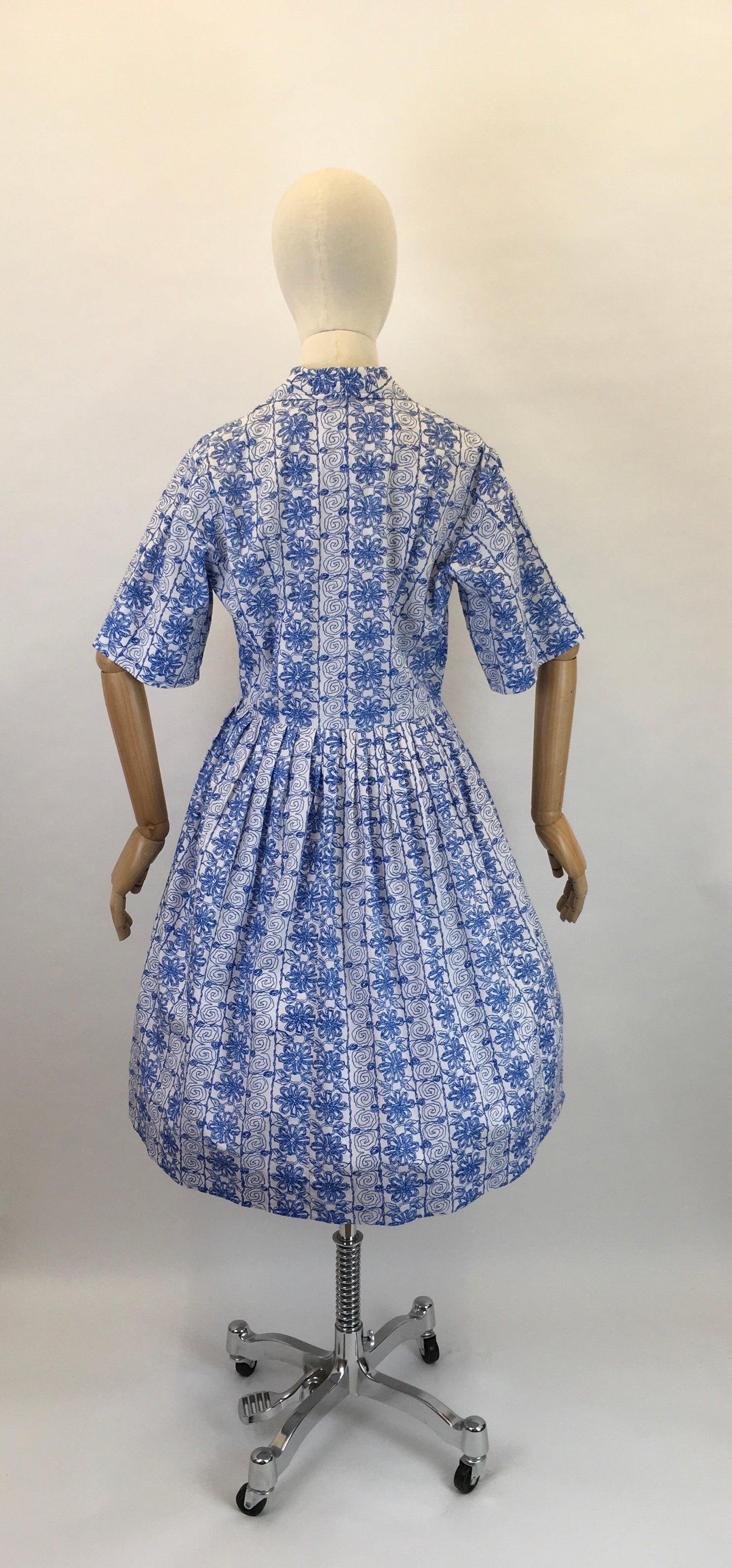 Original 1950s Cotton Day Dress - In a Lovely Cobalt Blue and White Scribble Fabric