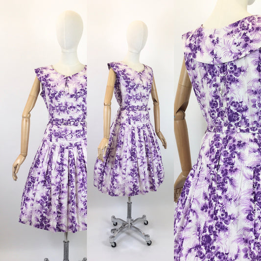 Original 1950’s Cotton Day Dress - In A Darling Rich Purple and Soft Lilac Floral