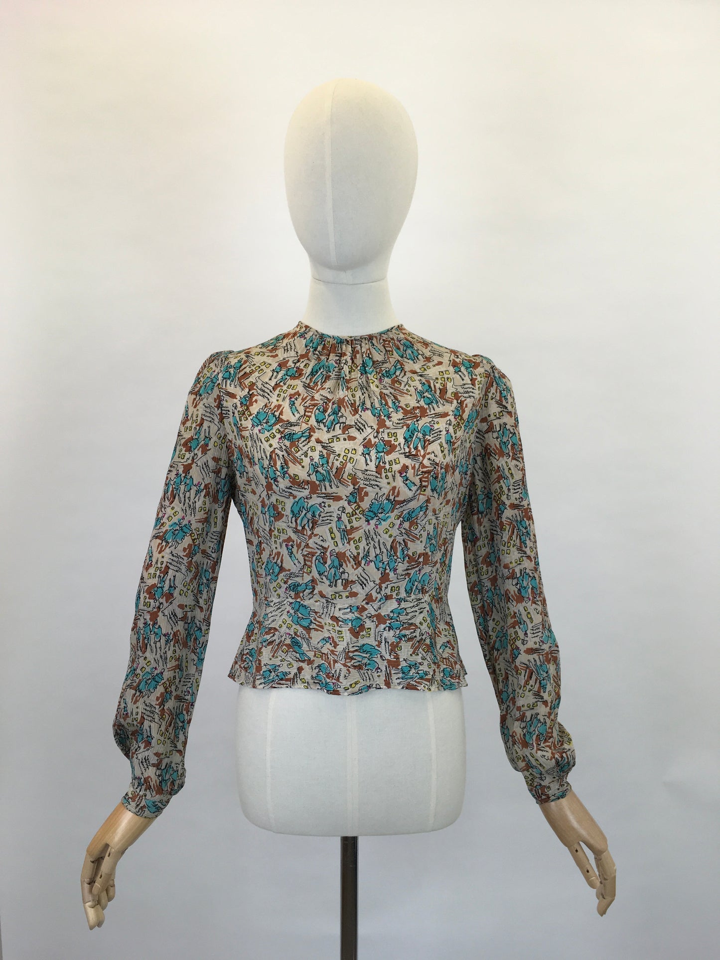 Original 1940’s ‘ Maxton’ Novelty Print Crepe Blouse - Featuring People, Buildings and Scribbles