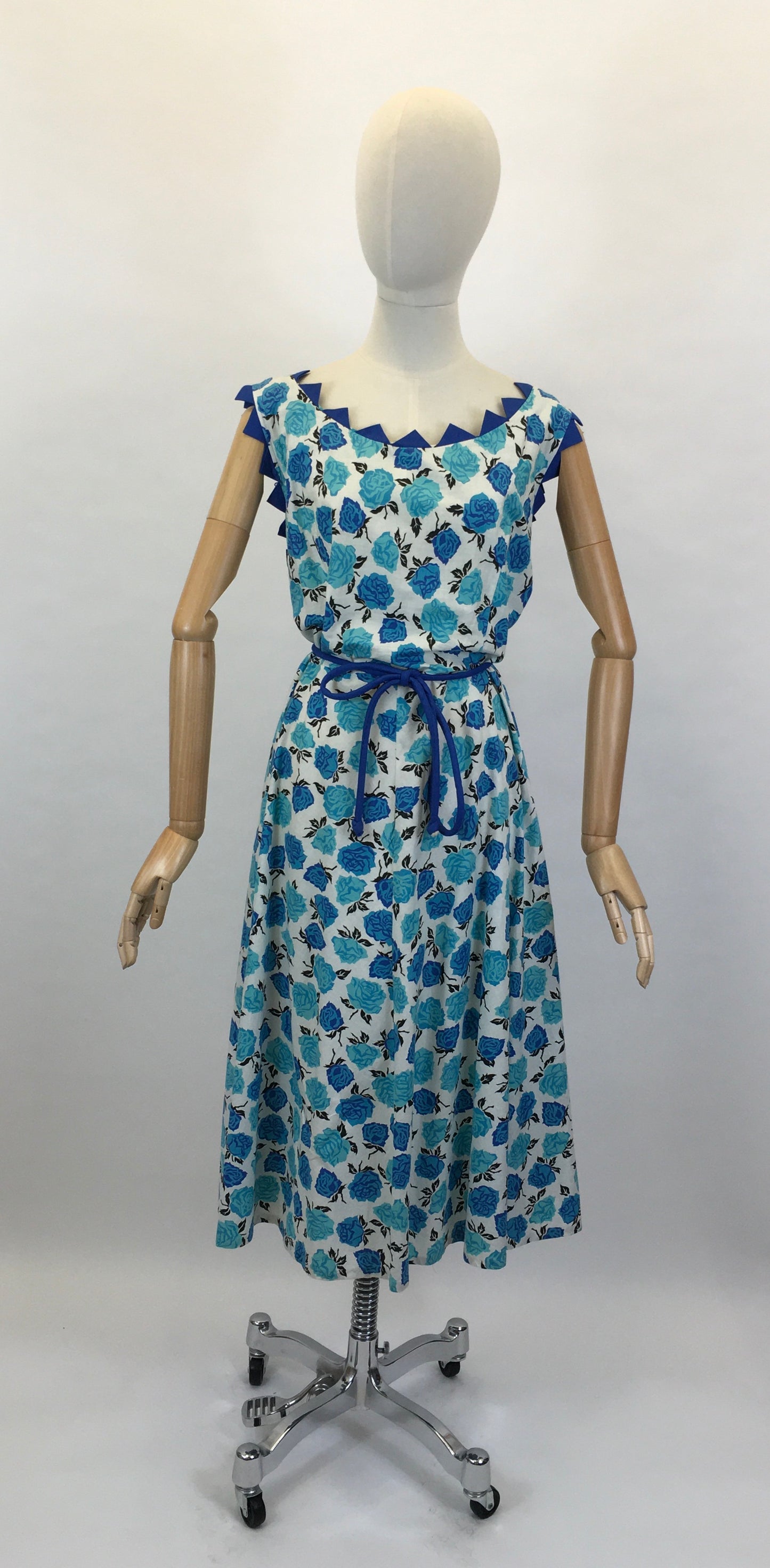 Original 1950’s VOLUP Cotton Day Dress - In A Stunning Blue Floral with Contrast Detailing