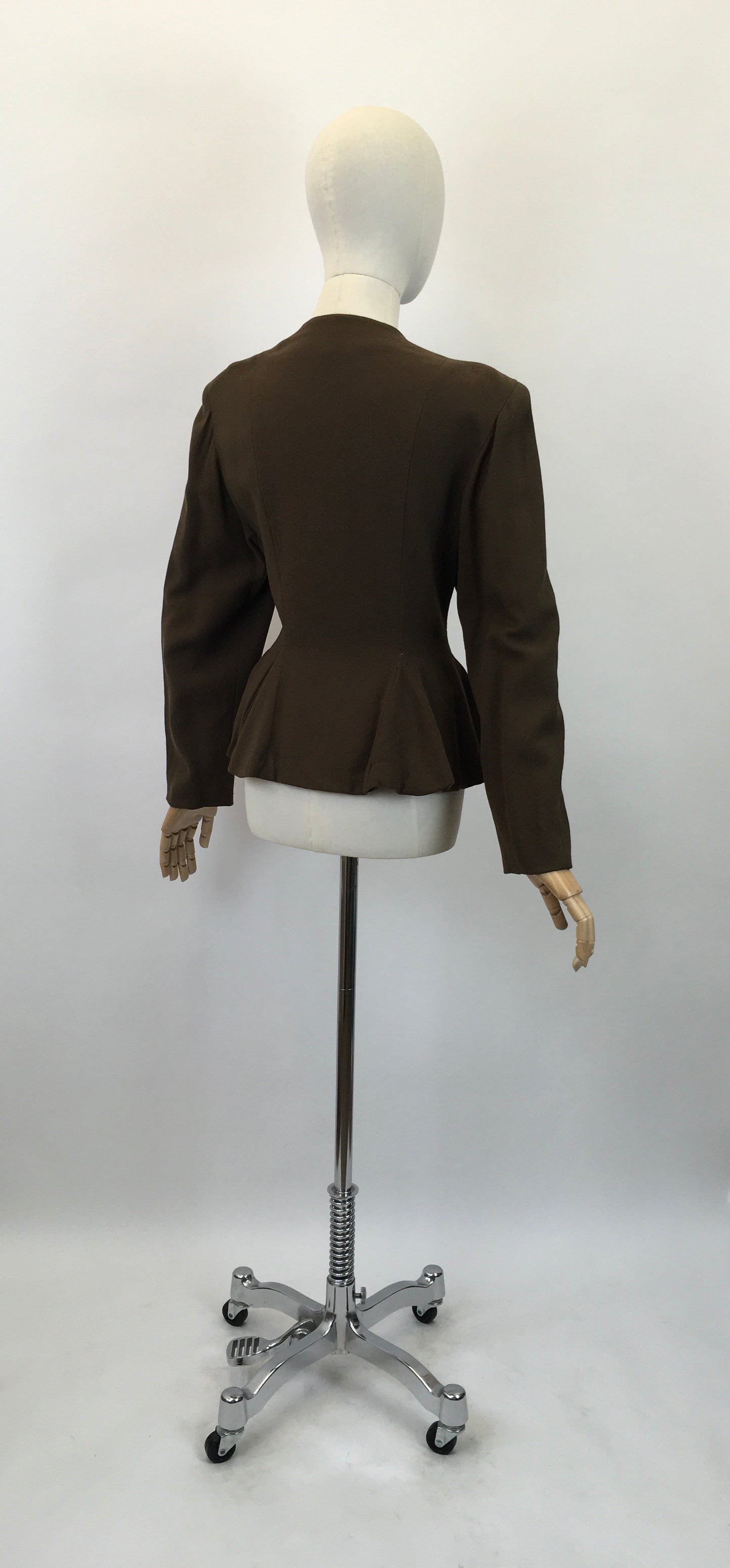 Original 1940's Stunning Crepe Jacket With Peplum - In Chocolate Brown with Flower Petal Buttons