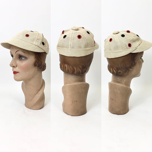 Vintage 1930's Stunning Sports Cap - In A Cream Mesh Fabric With Metal Eyelets in Blue & Red