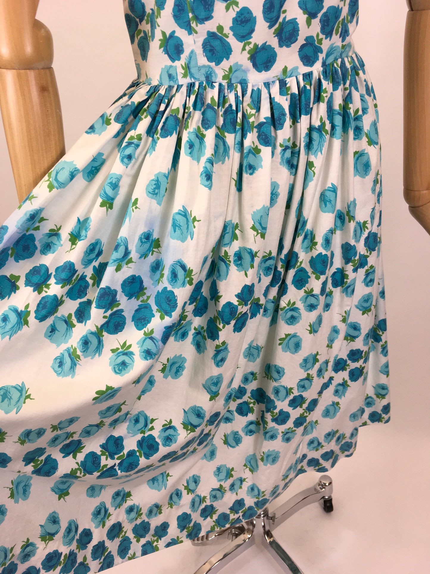 Original 1950’s Gorgeous Sun Dress - In A Beautiful Blue Rose Print Cotton