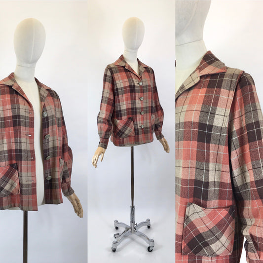 Original 1940’s Plaid Sportwear Jacket - In Autumnal Warm Hues of Spice, Brown and Pale Blue