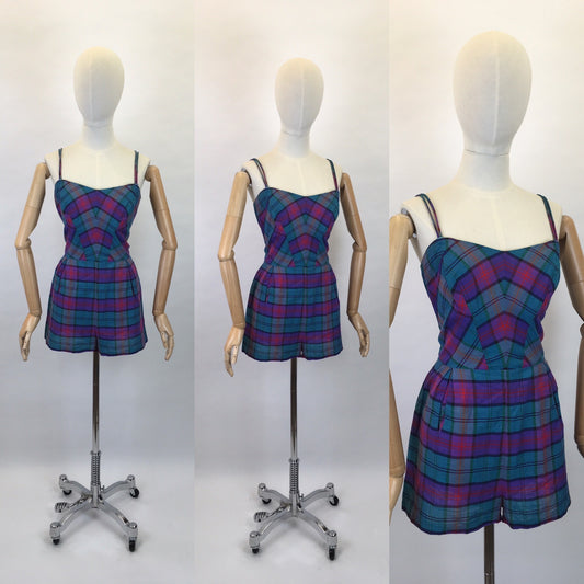 Original 1950s Fabulous Summer Playsuit - In a Gorgeous Plaid With Rich Purple, Reds, Blues and Bottle Greens