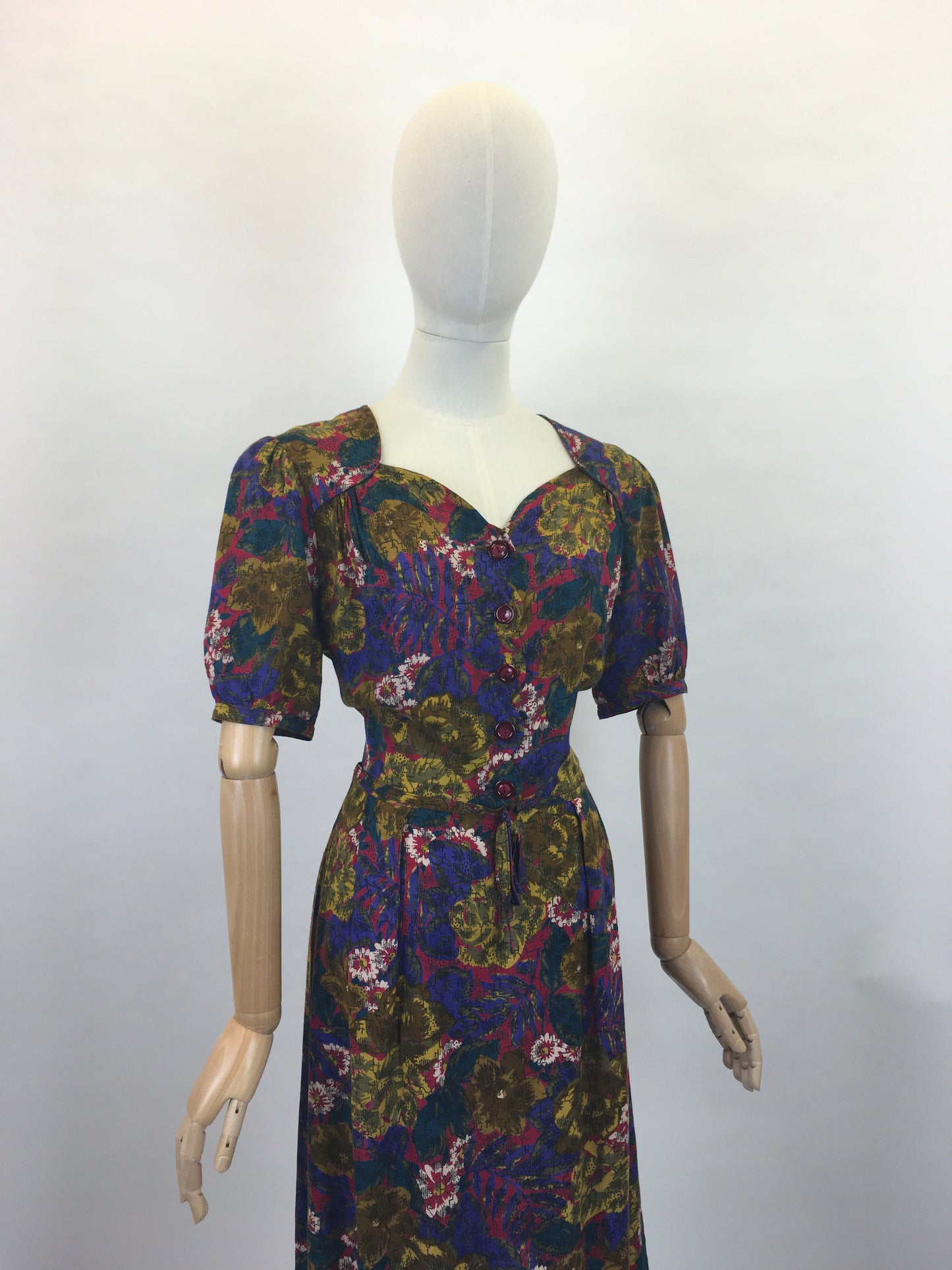 Original 1940s Beautiful Day Dress - In a Lovely Floral in Deep Reds,Mustards, Rich Purples and Stencilled Blacks